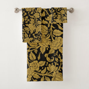 Antikes Gold-Blumenmuster Indische Lackarbeit Schw Badhandtuch Set