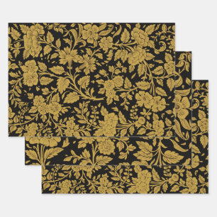 Antikes Gold-Blumenmuster Indische Lackarbeit Schw Geschenkpapier Set