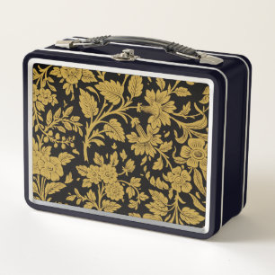 Antikes Gold-Blumenmuster Indische Lackarbeit Schw Metall Brotdose