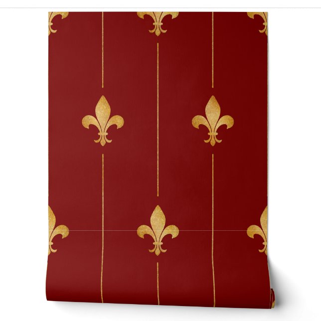 Antikes Gold Fleur-de-Lis Dunkelrot Tapete (Abrollen)
