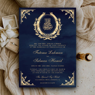 Antikes Gold Kamm Navy Blau Muslimische Hochzeit Einladung