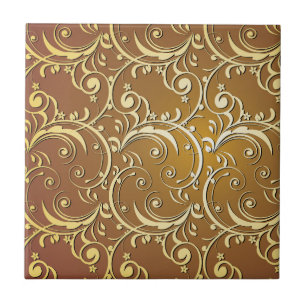 Antikes Gold- und Beige-Filigran-Ornamentmuster Fliese