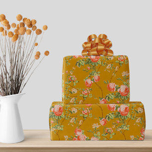 Antikes Gold- und Rosa-Blumenverpackungspapier Geschenkpapier