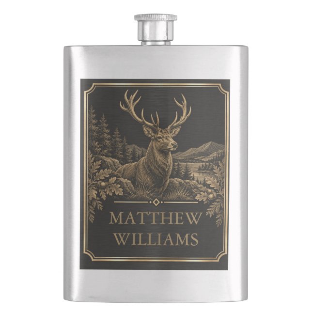 Antikes Goldhirsch-Wald-Design Flachmann (Vorderseite)