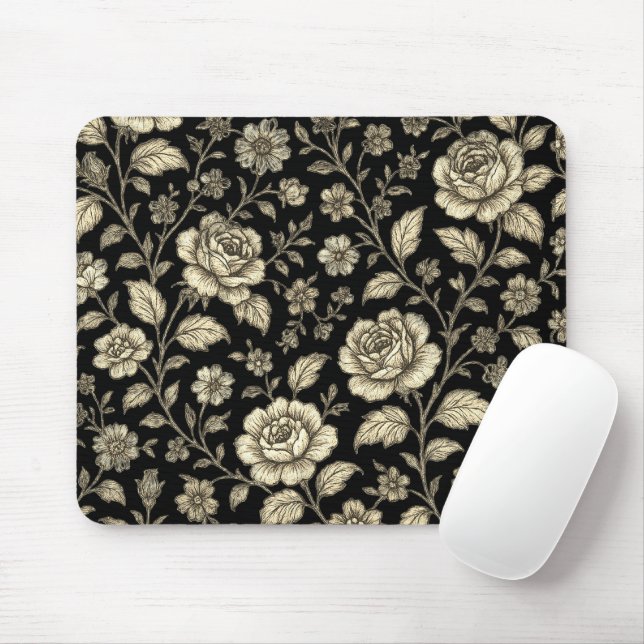 Antikes Goldrosen-Blumenmuster auf Schwarz Mousepad (Mit Mouse)