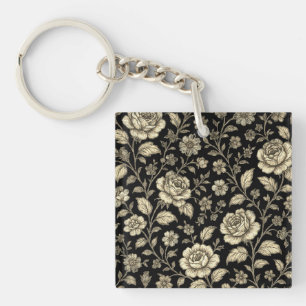 Antikes Goldrosen-Blumenmuster auf Schwarz Schlüsselanhänger