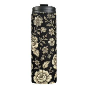 Antikes Goldrosen-Blumenmuster auf Schwarz Thermosbecher