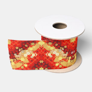 Antikes Goldrotes Japanisches Kimono Floral Blume Satinband