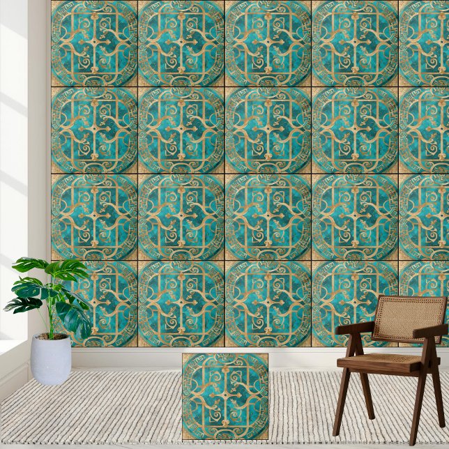 Antikes griechisches Schlüsselmuster - Aquamarin u Fliese (Ancient Greek Key Pattern Tile - Teal and Gold)