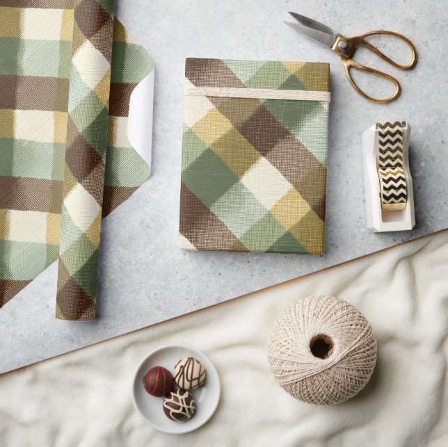 Antikes Grün Braun Karo Weizen Karomuster Geschenkpapier (Kunsthandwerk)