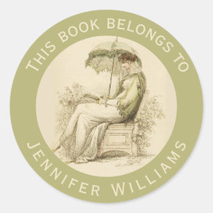 Antikes grünes Exlibris Regency-Dame liest Buch Runder Aufkleber