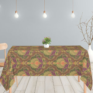 Antikes grünes, violettes und goldenes Blumenmuste Tischdecke
