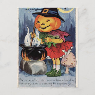 Antikes Halloween-Mädchen-Kürbis-Hexen-Mädchen-Url Feiertagspostkarte