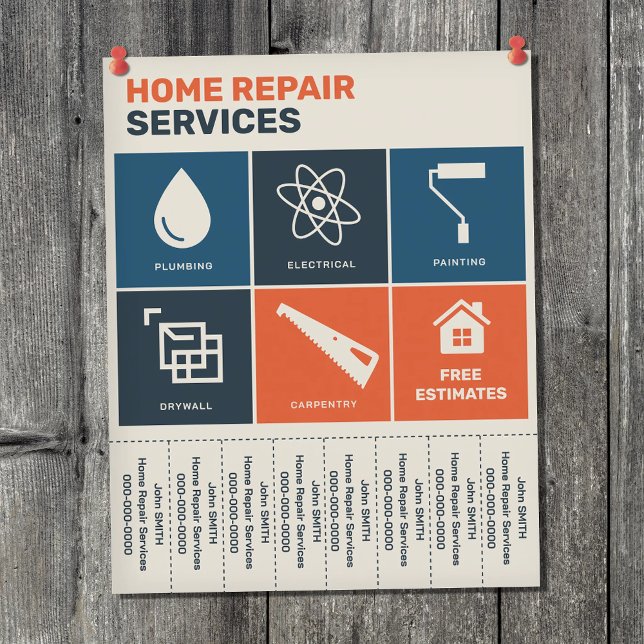 Antikes Heimreparaturservice Abreiß-Tabs Flyer (Vintage Home Repair Services Tear Off Strips Flyer)