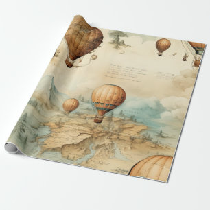 Antikes Heißluftballon-Sepia-Karten-Landschaftsbil Geschenkpapier