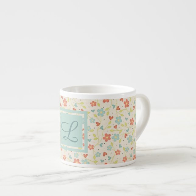 Antikes Helles Frühlings Schönes Florales Monogram Espressotasse (Vorderseite Rechts)