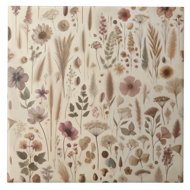 Antikes Herbarium gepresste Blumen Botanik Fliese (Vorderseite)