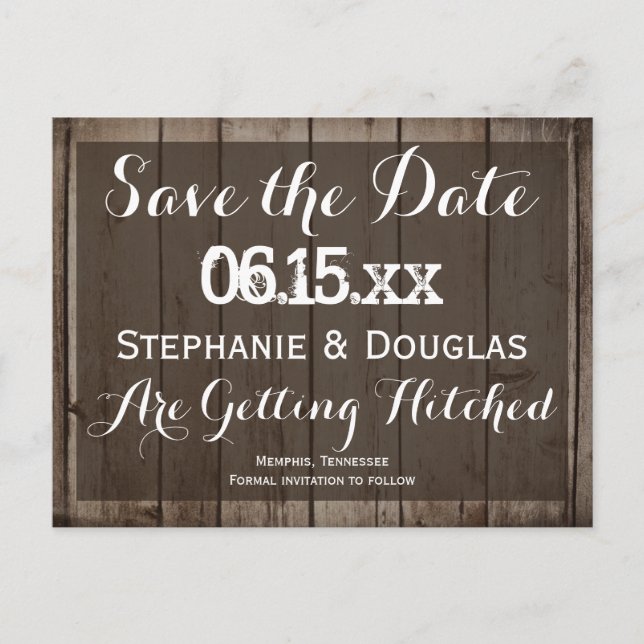 Antikes Holz Rustikale Save the Date Postkarten (Vorderseite)