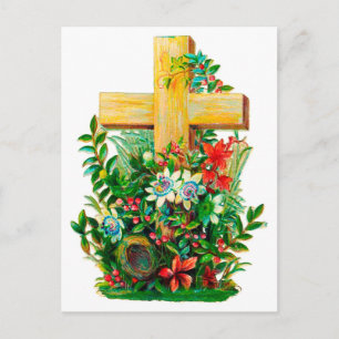 Antikes Holzkreuz in einem Blumenmeer Postkarte