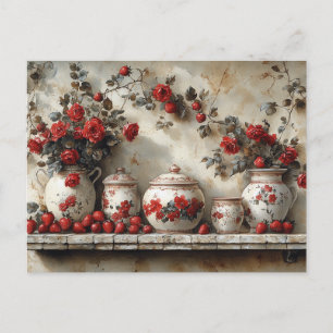 Antikes Holzregal Rot Rosen Erdbeeren Postkarte