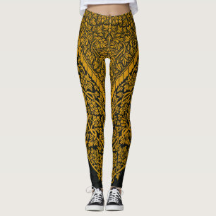 Antikes indisches Blumenmuster in Schwarz und Gold Leggings