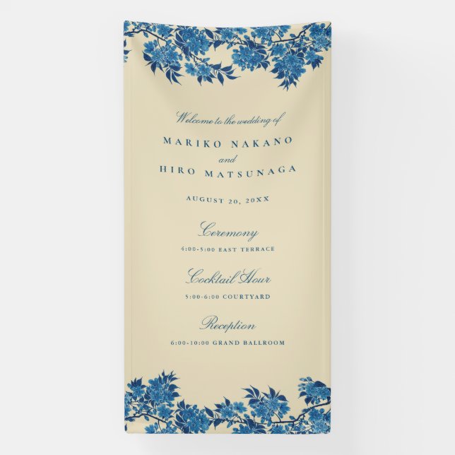 Antikes japanisches Blue Cherry Blossom Empfang Banner (Vertikal)