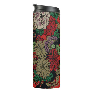 Antikes Japanisches Florales Pfingstrosen Rot Schw Thermosbecher