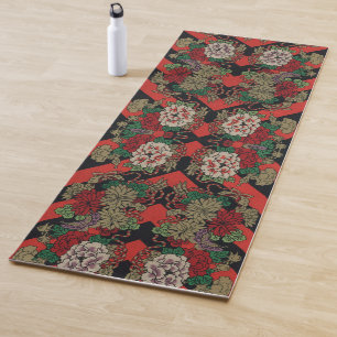 Antikes japanisches florales Pfingstrosen rot-schw Yogamatte