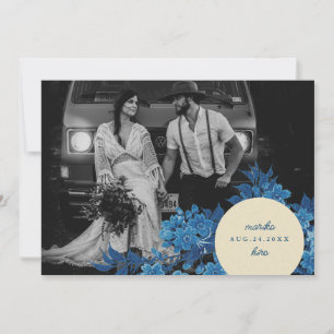 Antikes japanisches Foto von blauen Kirschblüten Save The Date