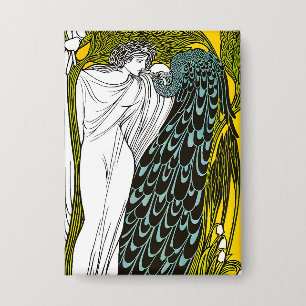 Antikes Jugendstil-Plakat Frau und Pfau Button
