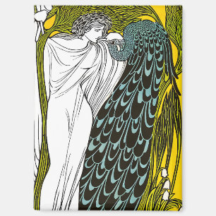 Antikes Jugendstil-Plakat Frau und Pfau Magnet