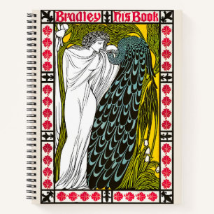 Antikes Jugendstil-Plakat Frau und Pfau Notizbuch