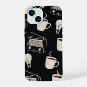 Antikes Kaffee-Radio-Glühbirnen-Muster-Stoff  iPhone 15 Hülle