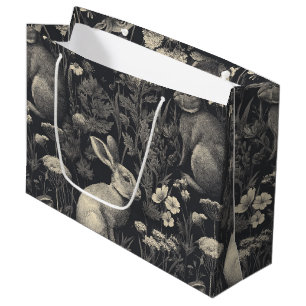 Antikes Kaninchen-Toile Schwarz Botanisches Muster Große Geschenktüte