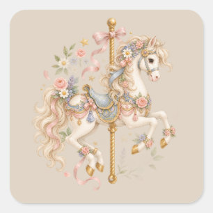 Antikes Karussellpferd Cottagecore-Geschenk Quadratischer Aufkleber
