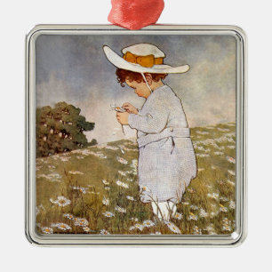 Antikes Kind, das Gänseblümchen pflückt Bessie Pea Silbernes Ornament