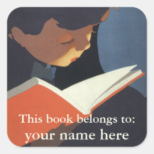 Antikes Kind liest ein Buch aus der Bibliothek Quadratischer Aufkleber