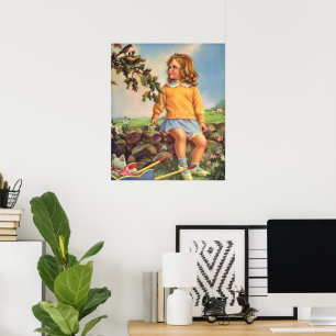 Antikes Kind, Mädchen beobachtet Vögel im Baum, Fr Poster