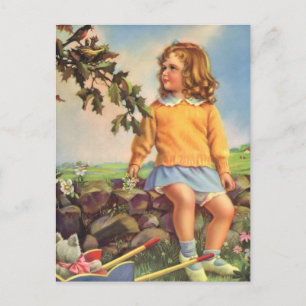 Antikes Kind, Mädchen beobachtet Vögel im Baum, Fr Postkarte
