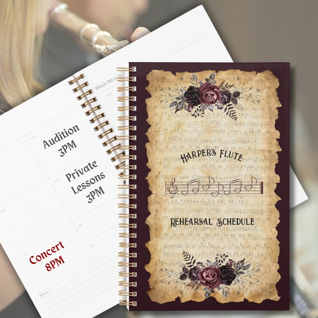 Antikes klassisches Flöten-Übungs-Logbuch Planer (Cozy up your practice routine with a personalized moody botanical flute rehearsal planner. )