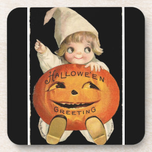Antikes kleines Mädchen mit großem Halloween-Kürbi Getränkeuntersetzer