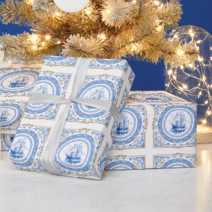 Antikes königsblaues dekoratives Schiff-Randmotiv Geschenkpapier