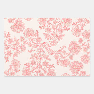 Antikes Korallen-Blumen-Geschenkpapier-Set aus 3 B Geschenkpapier Set