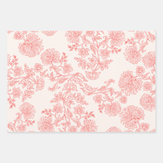 Antikes Korallen-Blumen-Geschenkpapier-Set aus 3 B Geschenkpapier Set