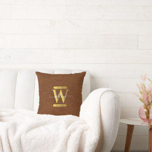 Antikes Kunstleder & Gold-Monogramm Kissen