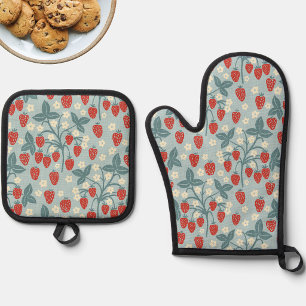 Antikes Landhaus-Stil Erdbeeren Blumen Botanisch Ofenhandschuh & Topflappen-Set
