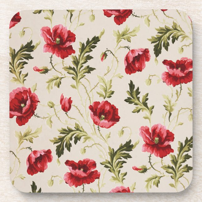 Antikes leuchtend rotes Mohnblumenmuster  Getränkeuntersetzer (Vorderseite)