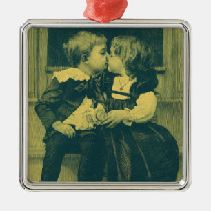 Antikes Liebes- und Romantik-Foto, Kinder küssen s Ornament Aus Metall