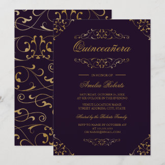 Antikes Lila Gold Geblüht Quinceanera Einladung