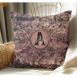 Antikes lila Holz schwarzes florales rustikales Mo Kissen